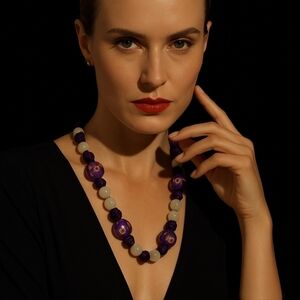 VINTAGE HANDMADE ORIENTAL NECKLACE GREEN STONE BEADS & PURPLE SILK EMBROIDERED